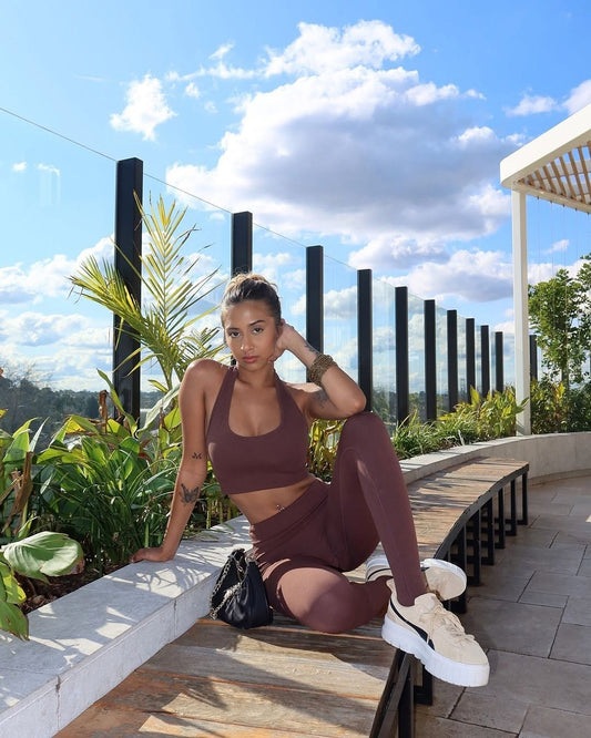 BRIGITTA SEAMLESS HALTER CROP  - BROWN
