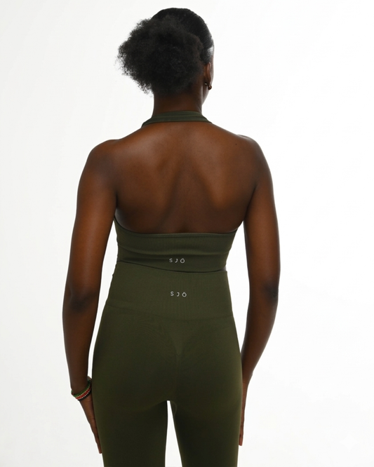 BRIGITTA SEAMLESS HALTER CROP - OLIVE