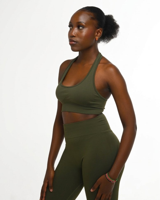 BRIGITTA SEAMLESS HALTER CROP - OLIVE