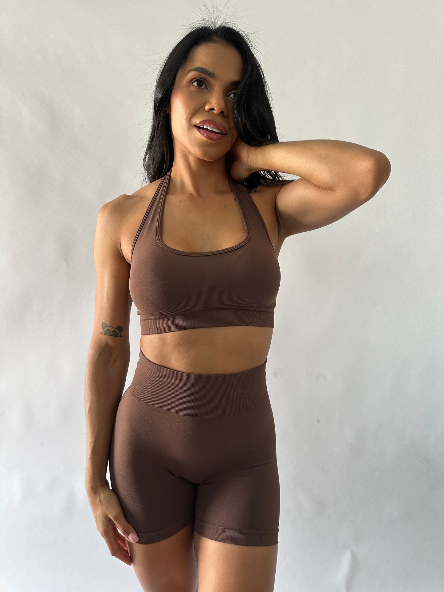 BRIGITTA SEAMLESS HALTER CROP  - BROWN